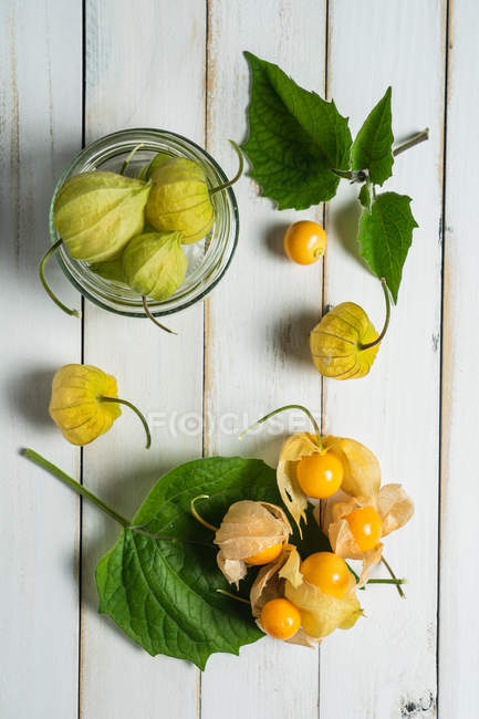 Da suddetto frutto di Physalis con foglie e vaso di vetro su assi di tavolo bianche di legno
. — Foto stock