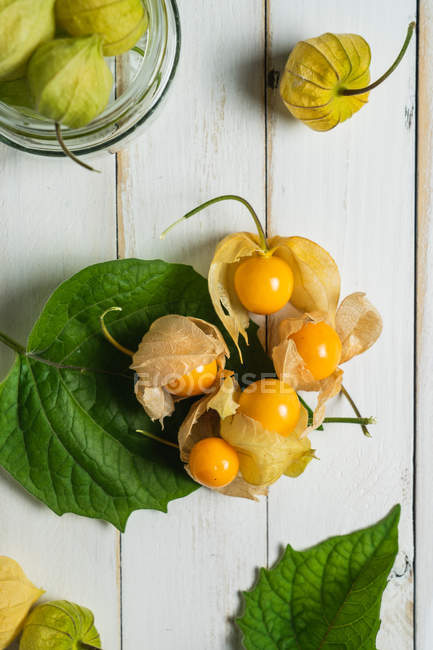 Da suddetto frutto di Physalis con foglie e vaso di vetro su assi di tavolo bianche di legno . — Foto stock