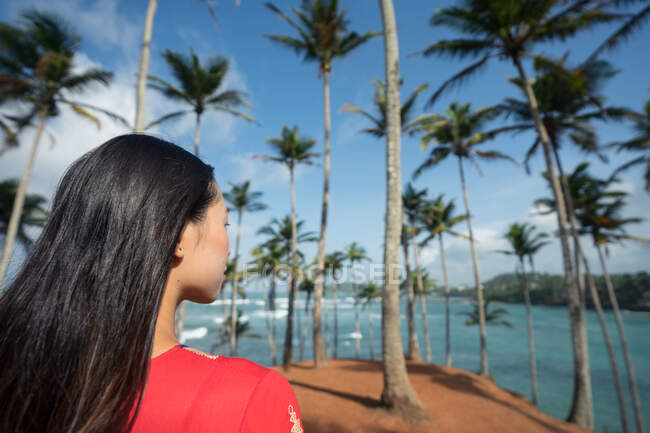 Вид ззаду молода брюнетка у відпустці проводить час серед екзотичних пальм з блакитним небом і морем на фоні — стокове фото