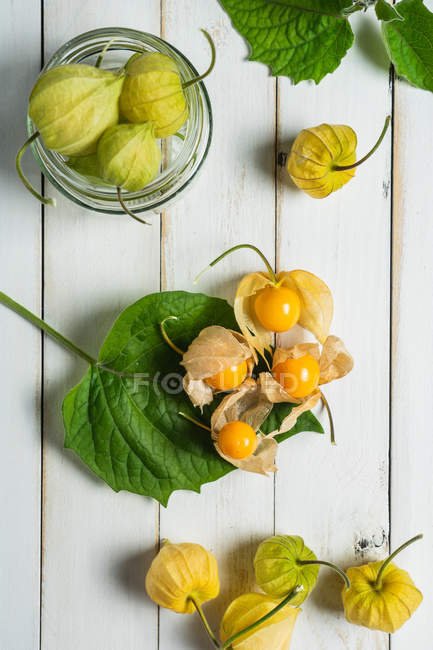 Do acima mencionado fruto de Physalis com folhas e jarro de vidro em umas tábuas de mesa brancas de madeira . — Fotografia de Stock