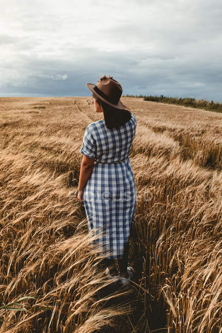 Анонимная женщина, стоящая на сухом поле в Шотландии — стоковое фото