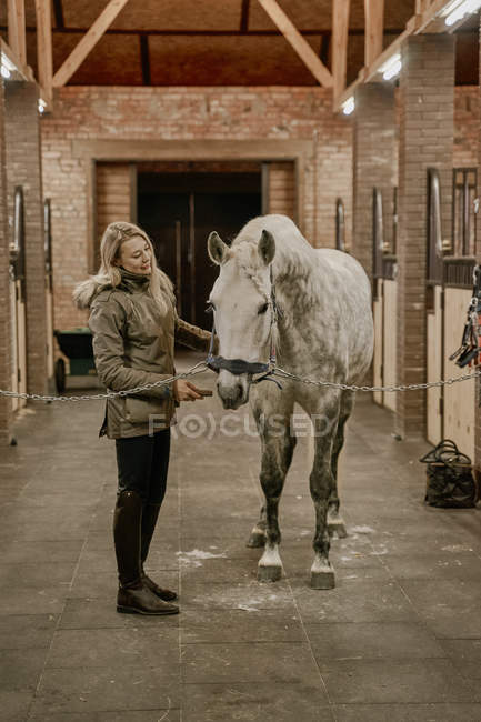 Mulher com cavalo com crina longa em estábulo — Fotografia de Stock
