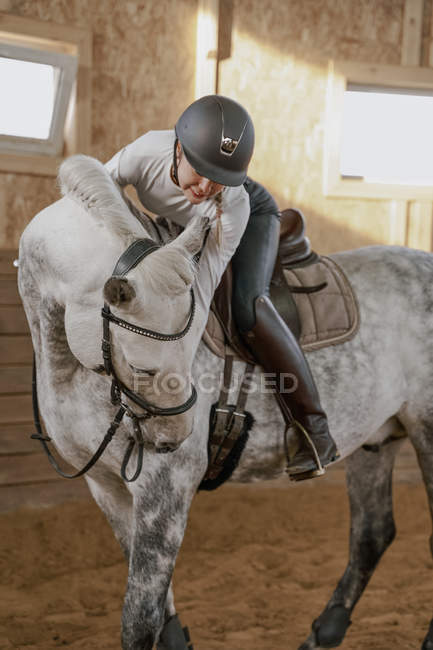 Cavaliere a cavallo dapple grigio in arena rotonda — Foto stock