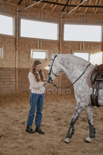 Woman with dapple gray horse with long fluffy tail walking around light big arena — Stock Photo