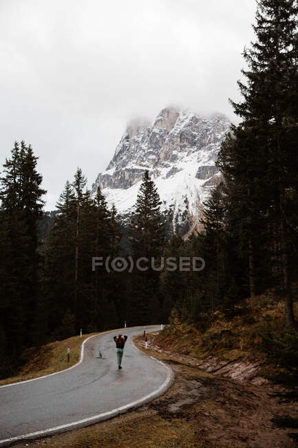 Lonely traveler among pine forest near big cliffs — Stock Photo