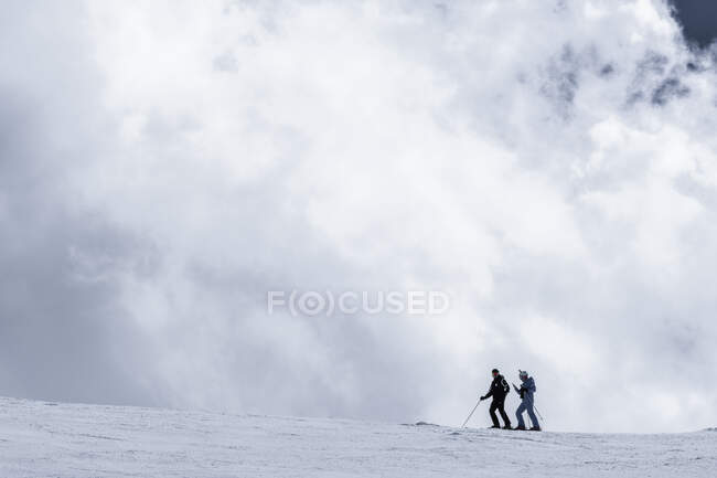Cuerpo completo de personas irreconocibles en ropa deportiva y gafas de sol a caballo esquís en la ladera nevada de la montaña en el soleado día de invierno en el resort - foto de stock