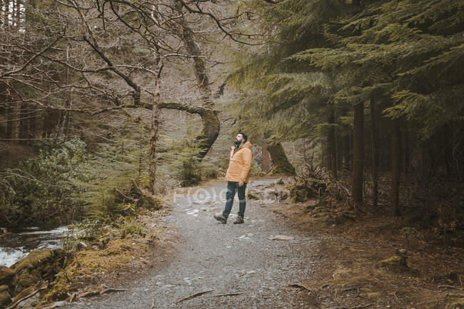 Vue arrière du voyageur masculin en veste orange vif marchant sur le sentier à côté du vieux pont en pierre lors de la visite du parc forestier de Tollymore en Irlande du Nord au printemps — Photo de stock