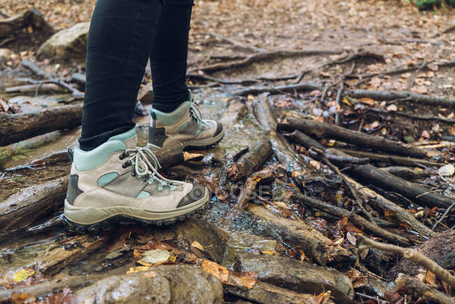 Обрізані ноги в джинсах і коричневі черевики на скелястому опуклому листі з осіннім лісом на фоні — стокове фото