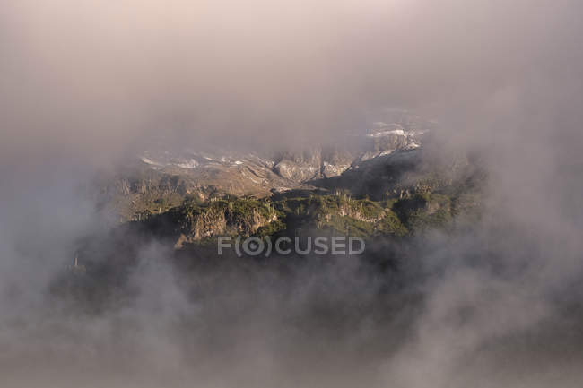 Grande vale pedregoso no quadro de névoa misteriosa no Parque Nacional Laguna del Laja, Chile — Fotografia de Stock