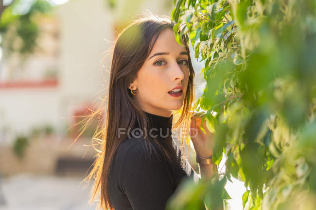 Attractive tender smiling woman in leather jacket standing near green foliage of tree in daytime looking at camera — Stock Photo