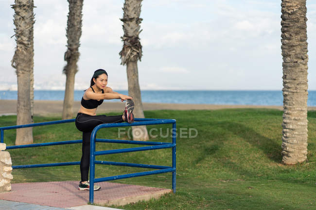 Vista lateral de fitness mujer asiática entrenando en la playa con troncos de palmeras y hierba verde en segundo plano. - foto de stock