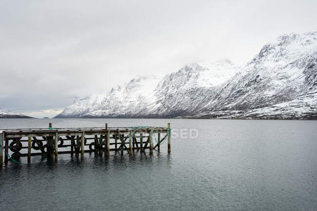 Дерев'яний пірс посеред спокійного озера взимку — стокове фото