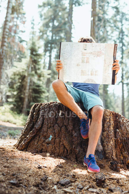Jeune homme tenant la carte et vérifiant la route assis sur les bois — Photo de stock