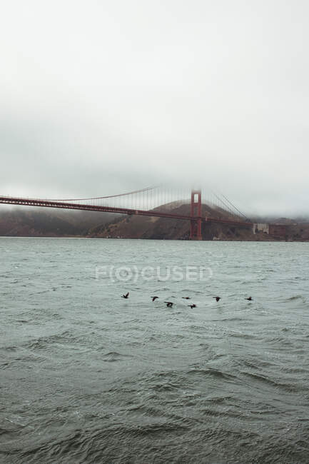 Costruzione ponte rosso su acqua scura ondulata — Foto stock