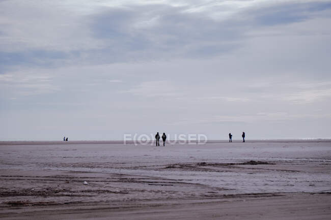 Широкий песчаный пляж с силуэтами людей — стоковое фото