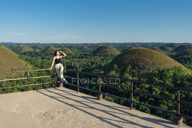 Mujer feliz de pie en la plataforma de observación en la colina - foto de stock