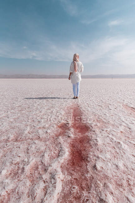 Pensiero rilassante turista godendo di uno scenario insolito di rosa lago salato — Foto stock