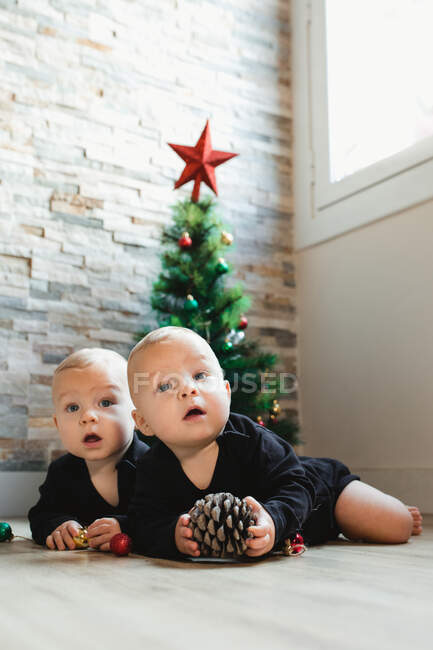 Gemelli sul pavimento vicino all'albero di Natale — Foto stock