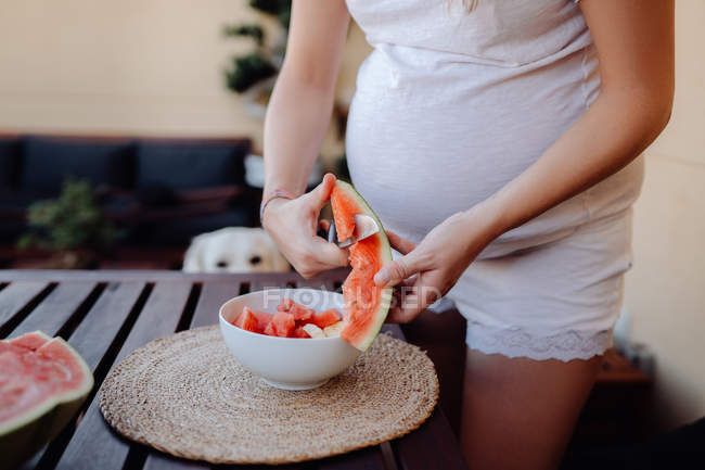 Cropped image of pregnant woman cutting watermelon at terrace while dog sitting behind wooden table and watching — Stock Photo