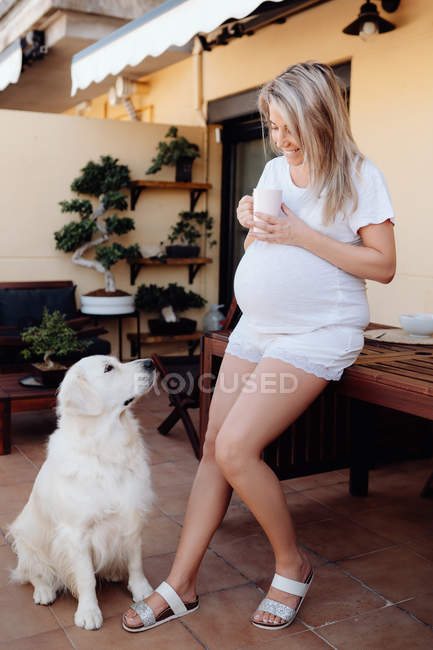 Contenu femme enceinte portant un t-shirt blanc à la maison et un short buvant du café sur la terrasse le matin avec chien labrador — Photo de stock