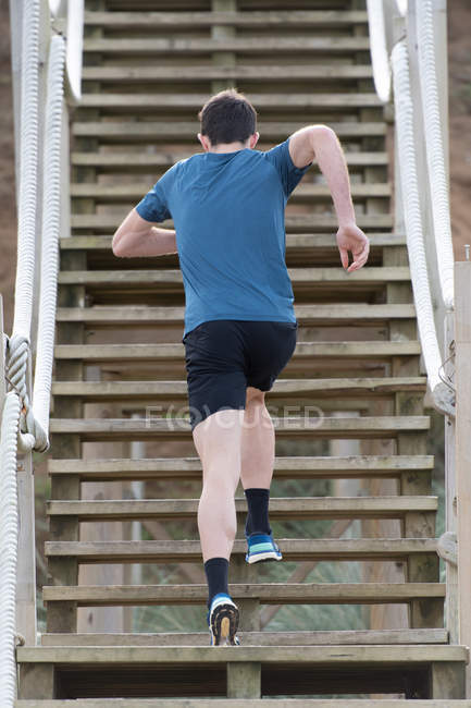 Vista posterior desde abajo de hombre atleta en ropa deportiva corriendo arriba - foto de stock