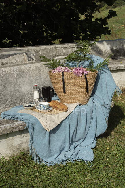Cupcakes y galletas con tetera y leche sobre manta azul servidas con cesta de paja con flores en banco balanceado en el jardín de verano - foto de stock