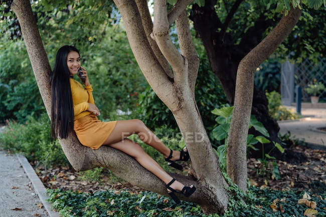 Mujer asiática con cabello largo colocando cómodamente en el tronco del árbol estiramiento de la pierna y hablando en el teléfono móvil en el parque - foto de stock