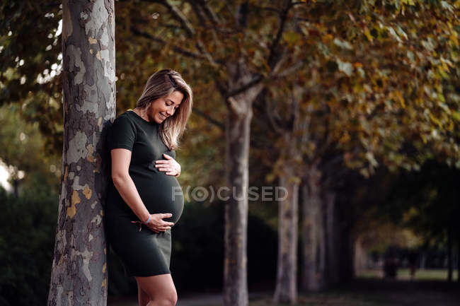 Happy pregnant woman in casual dress stroking belly while standing on green tree in sunny summer day with blue sky — Stock Photo