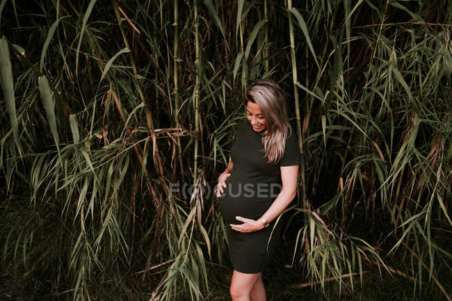 Happy pregnant woman in casual dress stroking belly while standing on green trees wall in sunny summer day with blue sky — Stock Photo