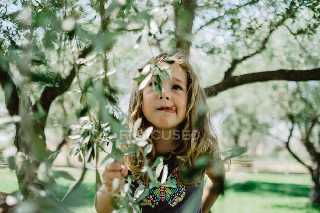 Chica sonriente trepando árbol en día soleado - foto de stock