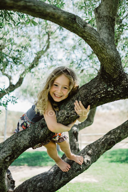 Joyeuse fille bouclée embrassant la branche et regardant la caméra sur un grand arbre poussant sur une pelouse verte dans une journée ensoleillée — Photo de stock