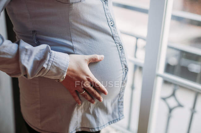 Mujer embarazada mirando a la ventana en casa - foto de stock