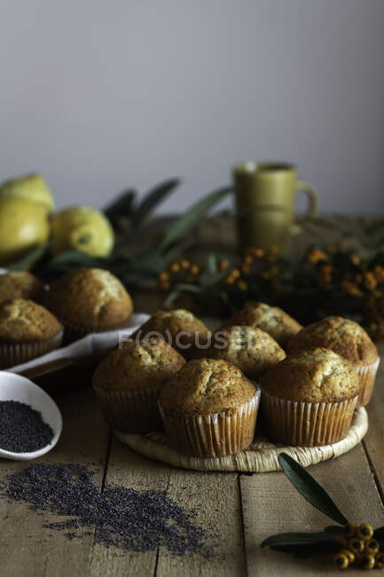 Apetitivos cupcakes recién horneados en soporte de mimbre sobre una mesa de madera decorada con bayas de limón y semillas de amapola para hornear - foto de stock