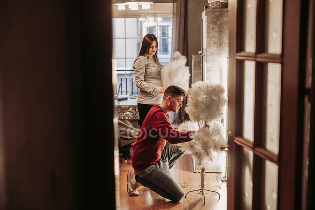 Молодая пара ждет ребенка, готовящего рождественскую елку дома — стоковое фото