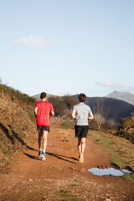 Back view of anonymous strong active males in sportswear running together on dirt road in mountains in sunny autumn day — Stock Photo