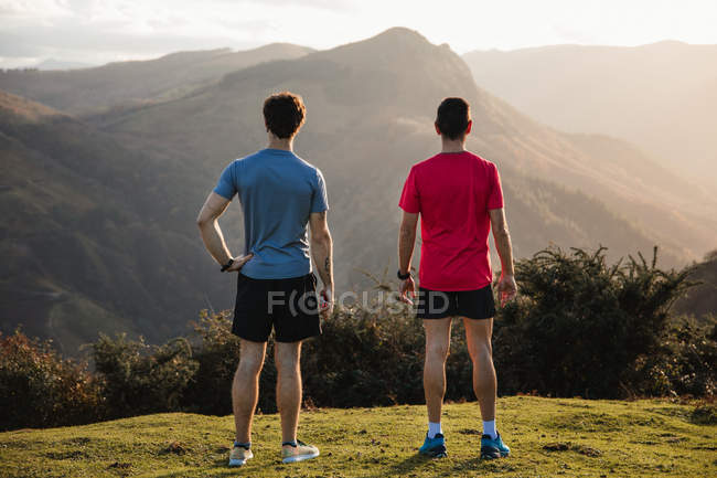 Vista posteriore dei maschi sportivi in camicie blu e rosse in piedi sulla cima della collina verde e godendo del paesaggio durante il relax dopo la corsa — Foto stock