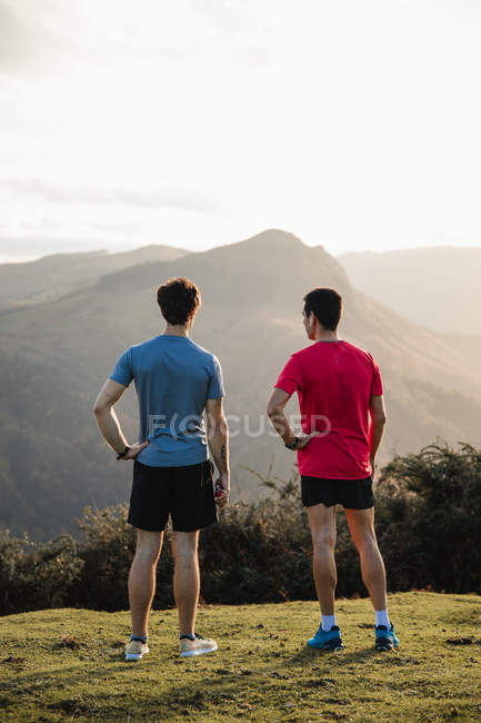 Вид сзади спортивных мужчин в синих и красных рубашках, стоящих на вершине зеленого холма и наслаждающихся пейзажем во время отдыха после бега — стоковое фото