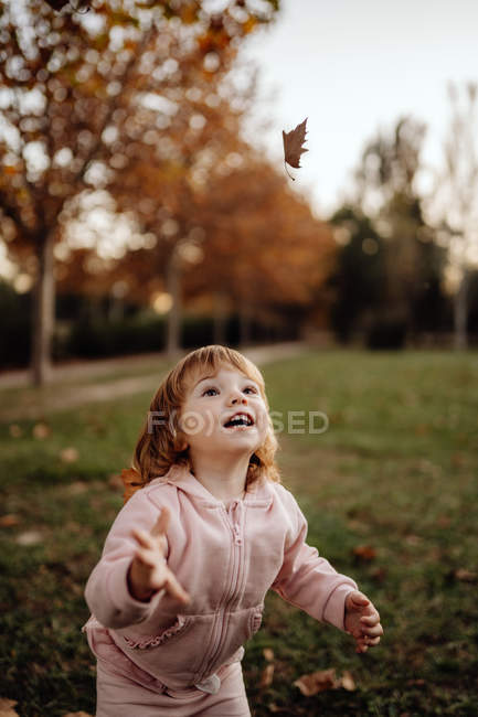 Activo niño juguetón en ropa de abrigo rosa de placer vomitar hojas de otoño en el prado en el parque - foto de stock