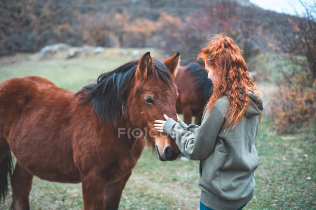 Visão traseira da mulher sorridente com cabelo vermelho longo no cavalo marrom acariciando com capuz com crina preta no pasto da montanha — Fotografia de Stock