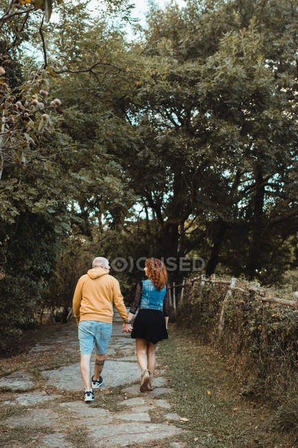 Vue arrière du couple hipster passant du bon temps ensemble tout en se tenant la main et en marchant sur un chemin de pierre parmi les arbres verts — Photo de stock