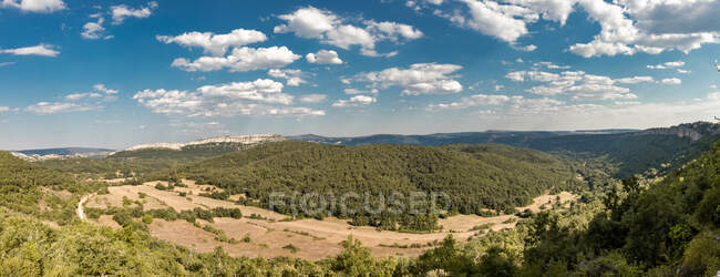 Increíble paisaje de valle montañoso con bosque - foto de stock
