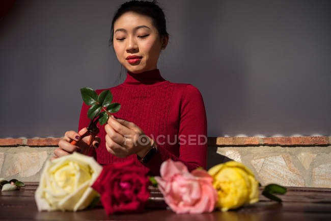 Молода азіатка, яка сидить у магазині і працює з трояндами. — стокове фото