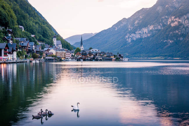 Clean pond with tranquil water and lovely houses of small town located near mountain ridge on cloudy day in Austria — Stock Photo