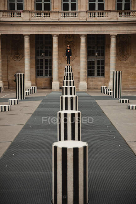 Viajero explorando la ciudad de pie en el polo blanco y negro en la plaza de París - foto de stock