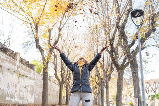 Femme afro-américaine enthousiaste élégante en veste chaude jetant joyeusement des feuilles d'automne sèches dans l'air dans le parc — Photo de stock