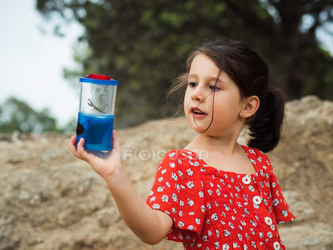 Девушка рассматривает жука в банке — стоковое фото