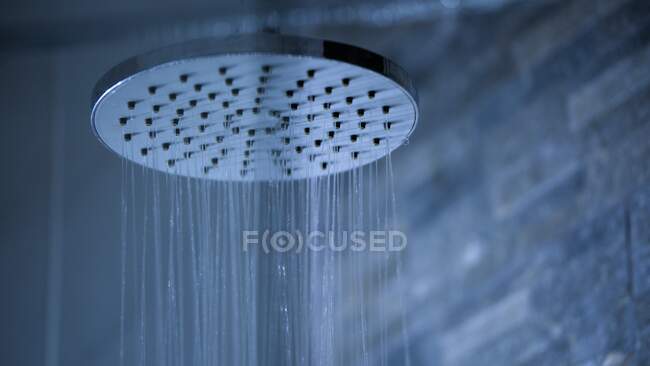 Cabezal de ducha con agua corriente en el baño - foto de stock