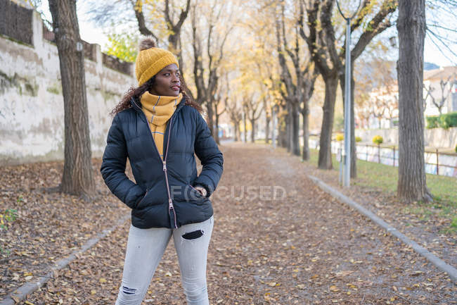 Moda encantadora afro-americana mulher em chapéu amarelo e casaco quente com as mãos no bolso na estrada com folhas de outono no parque — Fotografia de Stock