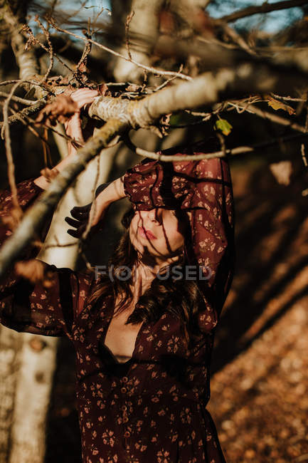 Удовлетворенная женщина в повседневной одежде трогает осенний желтый лист и улыбается в лесу — стоковое фото