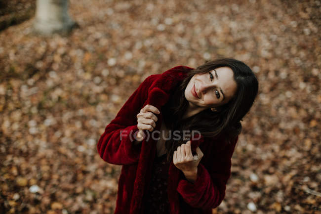 D'en haut femme souriante et regardant la caméra avec des feuilles dorées tombées sur fond flou — Photo de stock